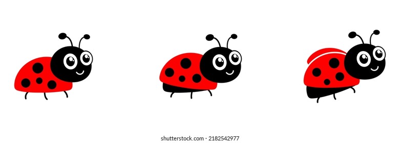 Ladybug cute character set. Red tiny ladybirds group. Vector isolated on white.