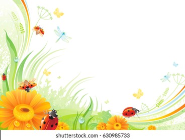 Ladybug daisy flower background. Spring, summer flyer. Mothers day Birthday. Grass, leaf, butterfly, watercolor grunge floral pattern. Isolated modern season vector illustration. Nature greeting card