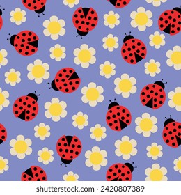 ladybug with Daisy flowers hand drawn seamless pattern vector illustration for decoration invitation greeting birthday party celebration wedding card poster banner textiles wallpaper background