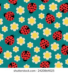 ladybug with Daisy flowers hand drawn seamless pattern vector illustration for decoration invitation greeting birthday party celebration wedding card poster banner textiles wallpaper background