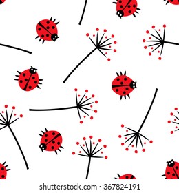 Ladybug with dandelion seamless pattern. Cute nature background. Plant  with insect summer illustration.