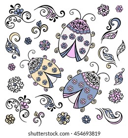 Ladybug decorative lace. A flower, a leaf, swirls, design elements set. Hand drawn vector illustration.