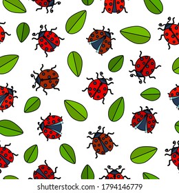 Ladybug details in blue gray, and red with dark outline, and dots, green leaves cartoon vector illustration over white background, seamless pattern.	