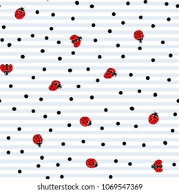 Ladybug and dots seamless pattern, texture; background. Red ladybugs on white and blue stripes background. Vector illustration. 