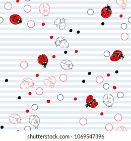 Ladybug and dots seamless pattern, texture; background. Red ladybugs on white and blue stripes background. Vector illustration. Colored and outline drawing. 