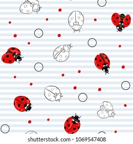 Ladybug and dots seamless pattern, texture; background. Red ladybugs on white and blue stripes background. Vector illustration. Colored and outline drawing. 