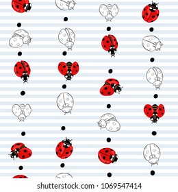 Ladybug and dots seamless pattern, texture; background. Red ladybugs on white and blue stripes background. Vector illustration. Colored and outline drawing. 