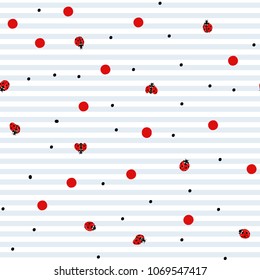 Ladybug and dots seamless pattern, texture; background. Red ladybugs on white and blue stripes background. Vector illustration. 