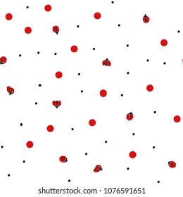 Ladybug and dots seamless pattern, texture; background. Isolated on white background. Vector illustration. 