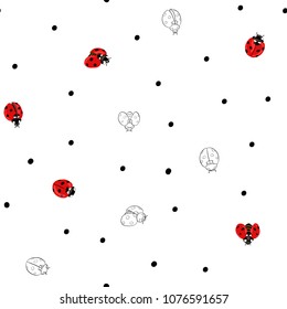 Ladybug and dots seamless pattern, texture; background. Isolated on white background. Vector illustration. Colored and outline drawing. 