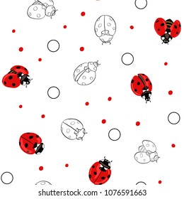 Ladybug and dots seamless pattern, texture; background. Isolated on white background. Vector illustration. Colored and outline drawing. 