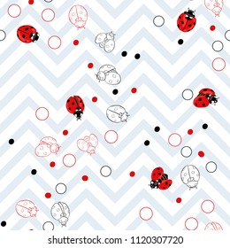 Ladybug and dots seamless pattern, texture; background. Red ladybugs on white and gray zigzag stripes background. Vector illustration. Colored and outline drawing. 
