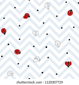 Ladybug and dots seamless pattern, texture; background. Red ladybugs on white and gray zigzag stripes background. Vector illustration. Colored and outline drawing. 
