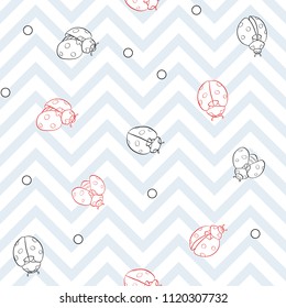 Ladybug and dots seamless pattern, texture; background. Red ladybugs on white and gray zigzag stripes background. Vector illustration. Colored and outline drawing. 