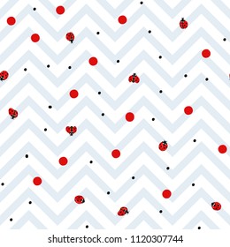 Ladybug and dots seamless pattern, texture; background. Red ladybugs on white and gray zigzag stripes background. Vector illustration. 