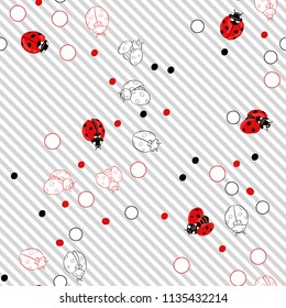Ladybug and dots seamless pattern, texture; background. Red ladybugs on white and gray diagonal stripes background. Vector illustration. Colored and outline drawing. 