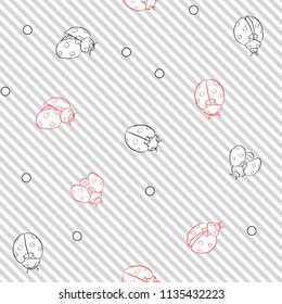 Ladybug and dots seamless pattern, texture; background. Red ladybugs on white and gray diagonal stripes background. Vector illustration. Colored and outline drawing. 