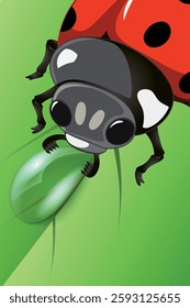  ladybug drinks water from a raindrop on a green leaf.Super close-up.Cartoon