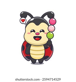 ladybug eating dango. mascot cartoon character vector illustration. design element for poster, brochure, web, mascot, sticker, logo and icon.