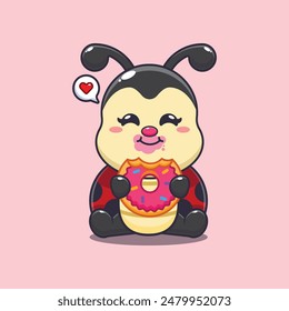 ladybug eating donut cartoon vector illustration.
Vector cartoon Illustration suitable for poster, brochure, web, mascot, sticker, logo and icon.