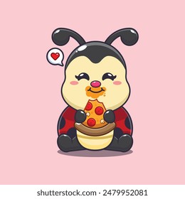 ladybug eating pizza cartoon vector illustration.
Vector cartoon Illustration suitable for poster, brochure, web, mascot, sticker, logo and icon.