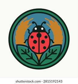 Ladybug emblem icon with red beetle, golden wheat, and green leaves in a circular graphic illustration.