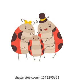 Ladybug Family, Cheerful Mother, Father and Their Baby Standing Together, Cute Cartoon Insects Characters Vector Illustration