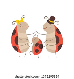 Ladybug Familie, fröhliche Mutter, Vater Ladybugs und ihre Baby Holding Hände, Cute Cartoon Insekten Zeichen Vektorgrafik