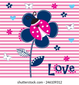 ladybug with flower on striped background vector illustration