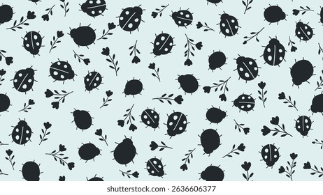 Ladybug and flower seamless pattern modern print in black color. fabric, repeat wallpaper, covers, cards, wall art, posters and decoration