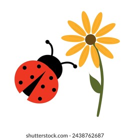 Mariquita con flor. Ilustración vectorial mariquita, estilo plano. Tarjeta con insecto y flor.