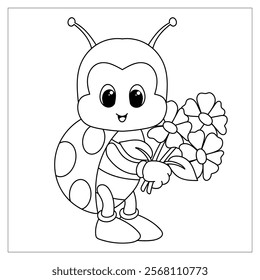 Ladybug with flowers coloring page. Drawing for kids.