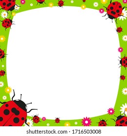 Ladybug and flowers frame. Vector illustration.