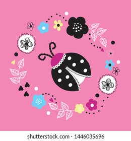 ladybug with flowers, ladybug invitation, greeting card, T-shirt graphics design for kids