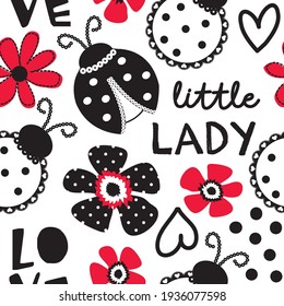 Ladybug with flowers and little lady, love text seamless pattern background. Love ladybird pattern. Can be used for textile,  background, book cover, packaging.