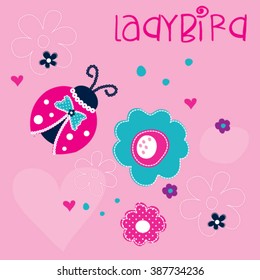 ladybug with flowers, love card vector illustration