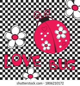 ladybug with flowers on checkered background vector
