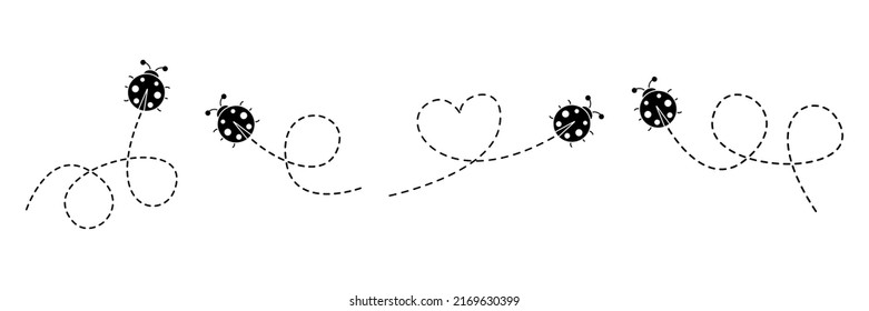 Ladybug fly set. Ladybirds flying on dotted route. Animal silhouette. Vector isolated on white.