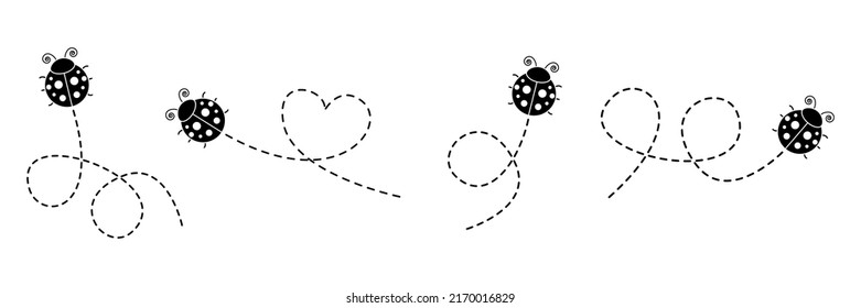 Ladybug fly set. Ladybirds flying on dotted route. Animal silhouette. Vector isolated on white.