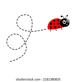 Ladybug flying on dotted route. Cartoon ladybird icon. Vector isolated on white background.