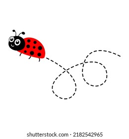 Ladybug flying on dotted route. Cartoon ladybird icon. Vector isolated on white background.