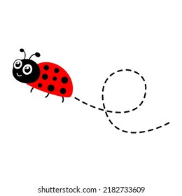 Ladybug fliegt auf gepunkteter Strecke. Cartoon Ladybird Symbol. Vektorgrafik einzeln auf weißem Hintergrund.