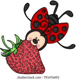 Ladybug flying with a strawberry
