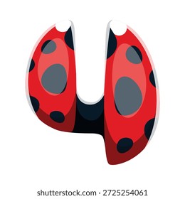 Ladybug font typeface cartoon number 4 four. Garden ladybug beetle typography number, spring insect type vector numeral symbol. Red lady bug font digit or cute ladybird typeface figure