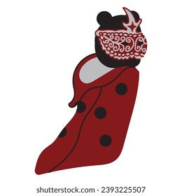 Ladybug in the form of an old graceful lady in a mask. A secret stranger in a ladybug costume runs away from a party. Vector illustration isolated on white background.