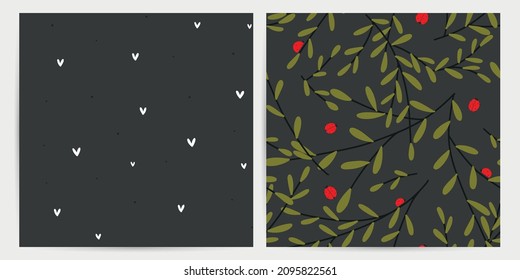Ladybug garden vector seamless pattern set with green botanical design and tiny hearts on dark background. Cute insect repeat design for baby or toddler girl clothing or wallpaper.