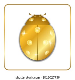 Ladybug gold insect small icon. Golden metal lady bug animal sign, isolated on white background. 3d volume bright design. Cute shiny jewelry ladybird. Lady bird closeup beetle. Vector illustration