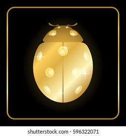 Ladybug gold insect small icon. Golden lady bug animal sign, isolated on black background. 3d volume design. Cute jewelry ladybird design. Cartoon lady bird closeup beetle. Vector illustration
