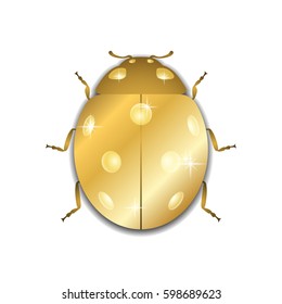 Ladybug gold insect small icon. Golden lady bug animal sign, isolated on white background. 3d volume design. Cute jewelry ladybird design. Cartoon lady bird beetle. Vector illustration