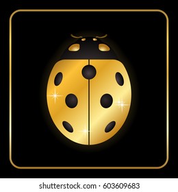 Ladybug gold insect small icon. Golden lady bug animal sign, isolated on black background. 3d volume design. Cute jewelry ladybird design. Cartoon lady bird closeup beetle. Vector illustration